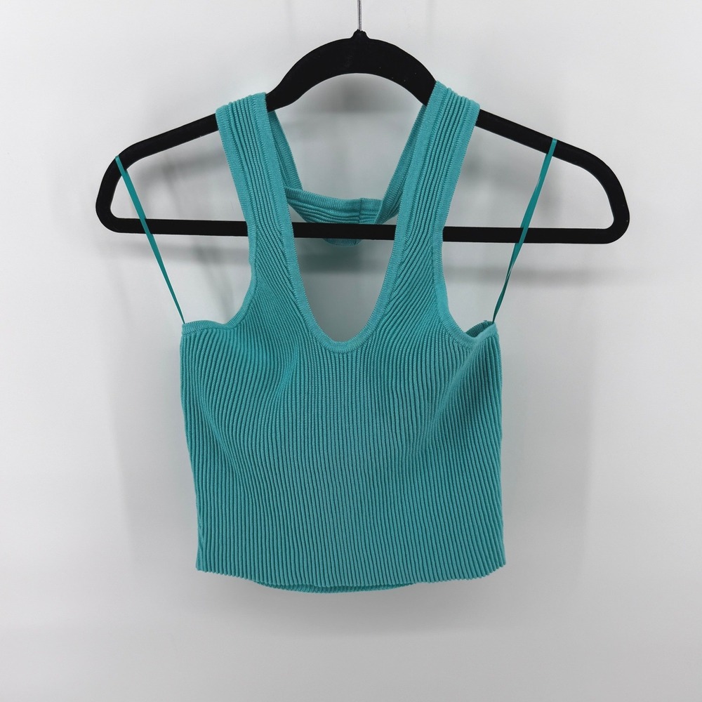GB Halter Ribbed Knit Twisted Back Large Aqua Blue Womens Cropped V-Neck NEW